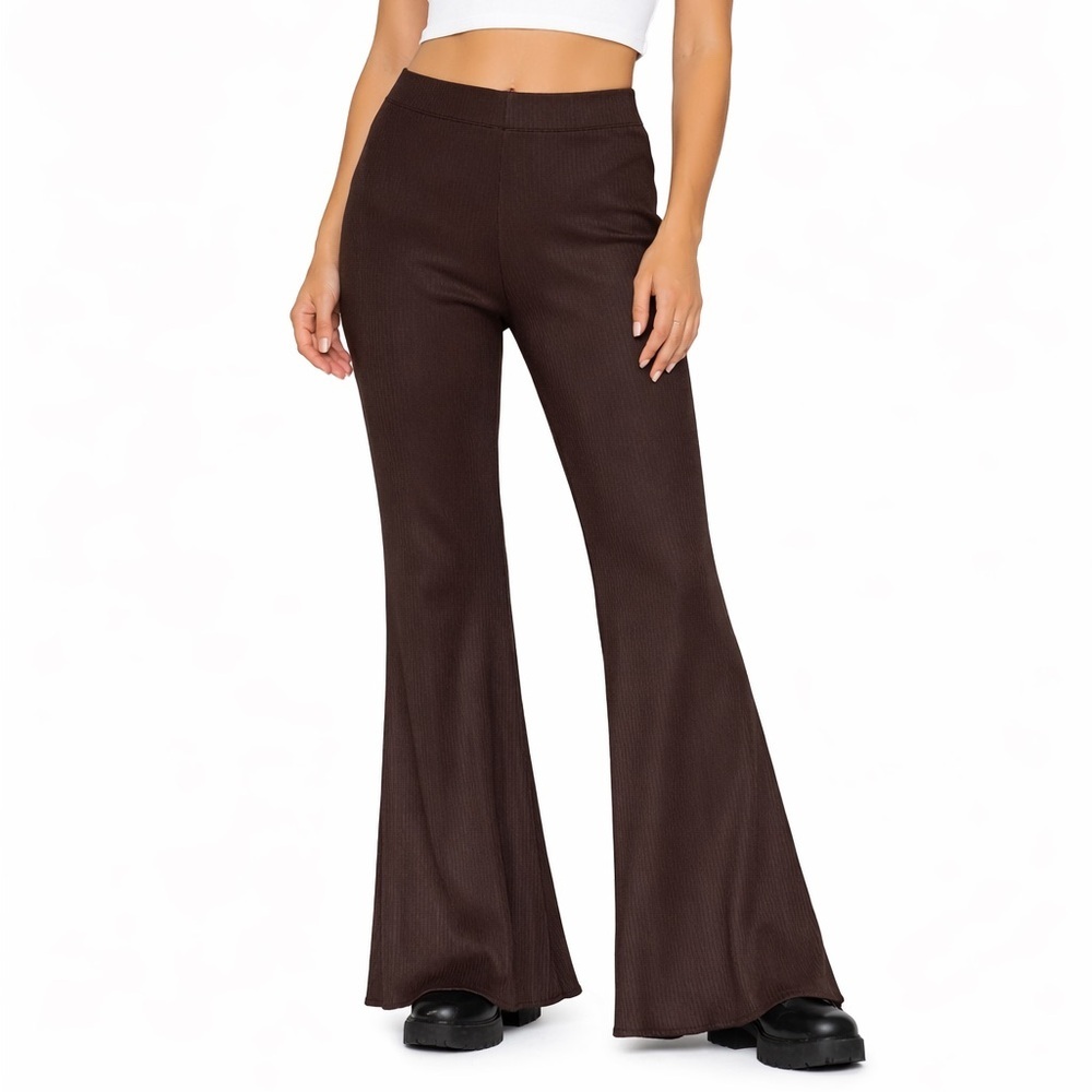 H&M Brown Ribbed Flare Pants NWOT Y2K Stretch Wide Leg Size L